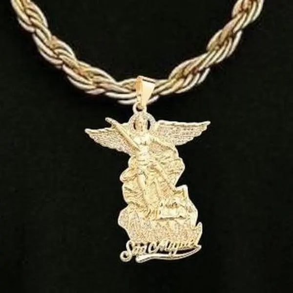 Unisex Saint Michael Archangel Brass Crystal Pendant Necklace - Bling White, 20in 4mm Width Rope Torch Chain, Comfortable Wear, Casual Elegant All Occasions Religious Costume Jewelry, Daily, 20 Inches, Unisex Style Fit, 20In Chain