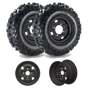 New Upgraded 2pcs 25*8-12 25X8-12 ATV Tires and Wheels Set (2 Pack),PCD:110* 4 ET:3.5+2.5 6-Ply All Terrain for UTV/ATV - Heavy-Duty Mud Sand Trail Tires with Offset Wheels - Reinforced Sidewalls