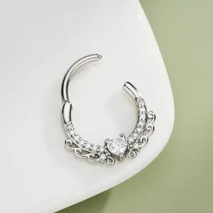 Oufer 16G Heart wing AAA+ Grade CZ Hinged Segment Septum Nose Piercing Ring 316L Stainless Steel 8mm 10mm