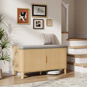 39.4" Fluted Shoe Cabinet Storage with Bench, 2-Tier Entryway Bench with Adjustable Shelves and Detachable Cushioned Seat, Shoe Organizer Bench Cabinet for Entryway, Living Room, Hallway - Natural