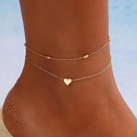 Women's Summer Beach Vacation Heart Design Anklet, Fashionable Simple Star Beaded Ankle Bracelet, Multi-Layer Pearl Chain Jewelry, Foot Jewelry, Wearable Jewelry, Fashion Accessories
