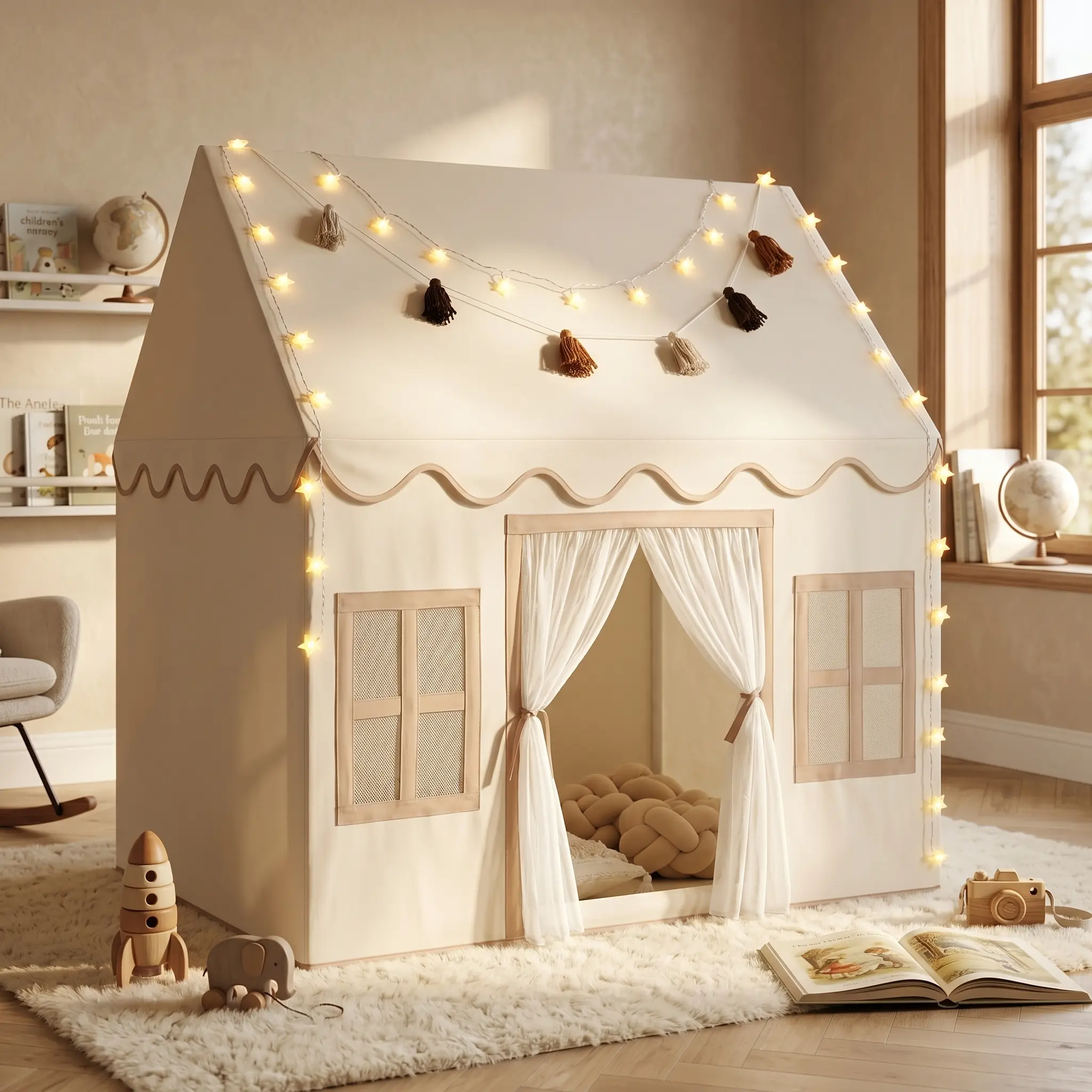 Apojungle Toddler Indoor Play Tent - Soft Fabric Cottage Look Playhouse with Star Lights, Tassels, Breathable Windows, Spacious Safe Build, Dreamy Enchanted Atmosphere, Versatile Thoughtful Gift for Bedroom Imaginary Play