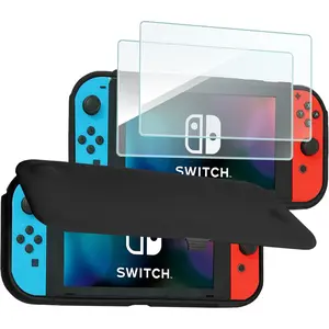 Flip Cover for Nintendo Switch Case with 2 Pack Tempered Glass Screen Protectors, Detachable Front Cover Protective Case for Nintendo Switch 2017 -Black