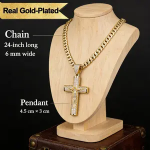 【Must be】14k Real Gold-Plated Cuban, Figaro, Miami Cross with Jesus Christ Crucifix Necklace | 24 Inches Long 6mm Wide | Handcrafted Polishing Multiple Electroplating | Perfect Christmas Birthday Mother’s Day Gift for Men Women