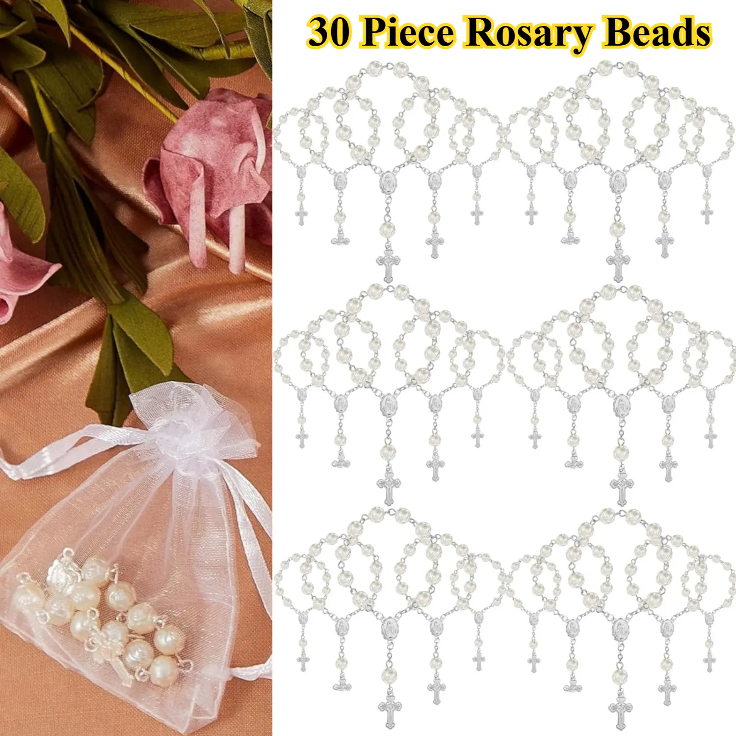 30-Piece Durable Gold Metal Finger Rosary Set - Lightweight Acrylic Ivory Faux Pearl Rosaries with Organza Bags, Christening Wedding Ceremony Favors, Home & Party Supplies, 30 Pieces