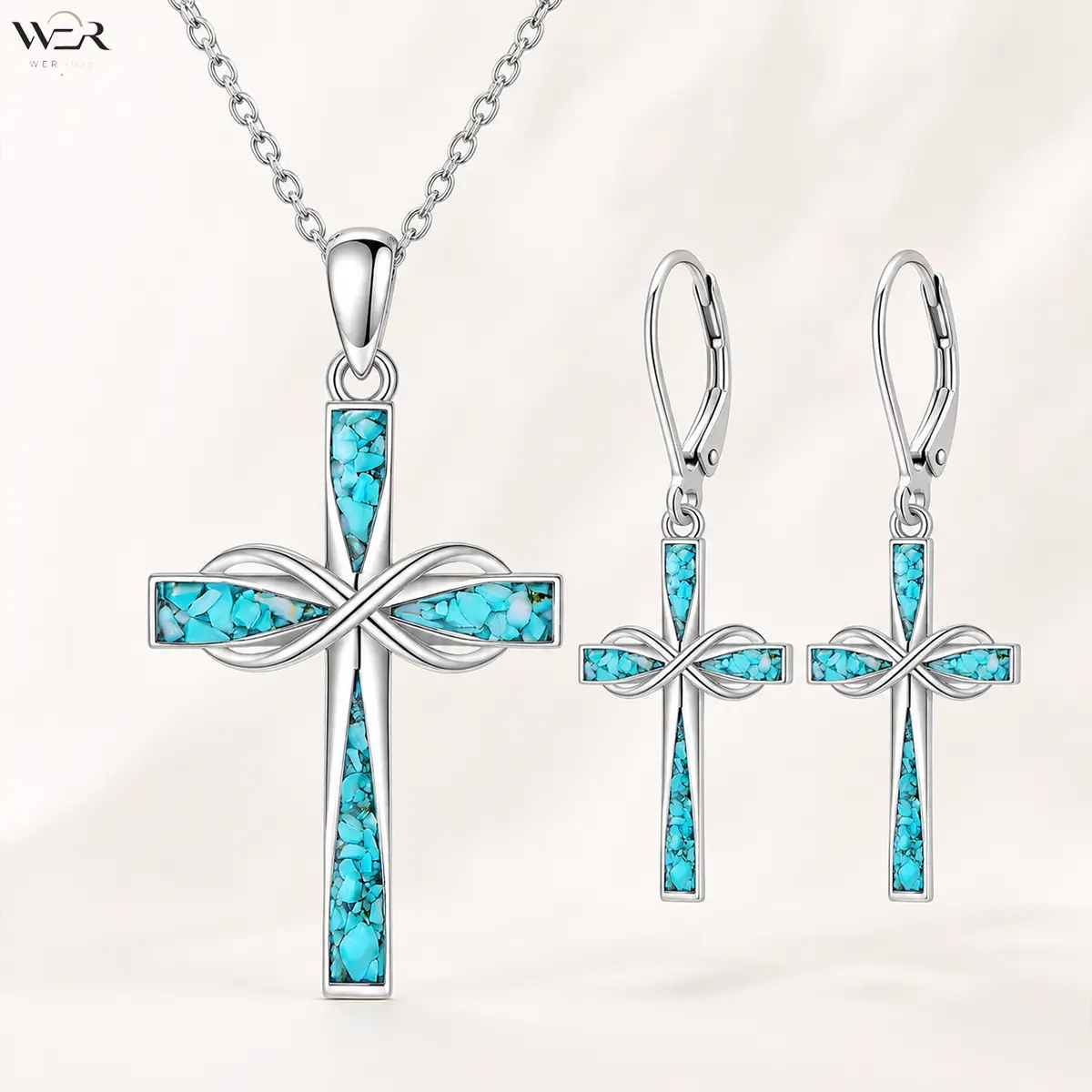 Turquoise Cross Necklace Set Silver Cross Earrings Religious Cross Jewelry Infinity Cross Pendant for Women Everyday Wear Gift