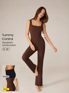 GLOWMODE 31" FeatherFit Tummy Control U-Back Square Neck Flare Jumpsuit Low Impact Yoga Daily Removable Cups