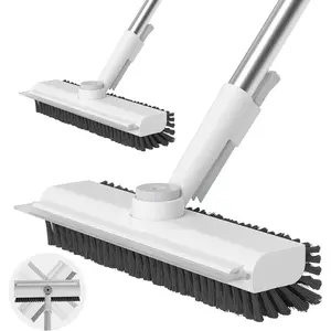 2 Pack Floor Scrub Brush with Long Handle, 3 in 1 Scrape, Heavy-Duty Stiff Bristle, White for Various Cleaning Applications