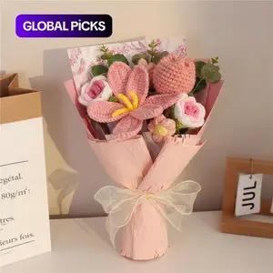 Handmade Knitted Crochet Flower Bouquet, 1 Bunch Artificial Flowers for Home Decor, Parties, Weddings & Anniversaries — Perfect Valentine’s Day, Birthday, Mother’s Day, Father’s Day & Thanksgiving Gift, Decorative Artificial Flower Set