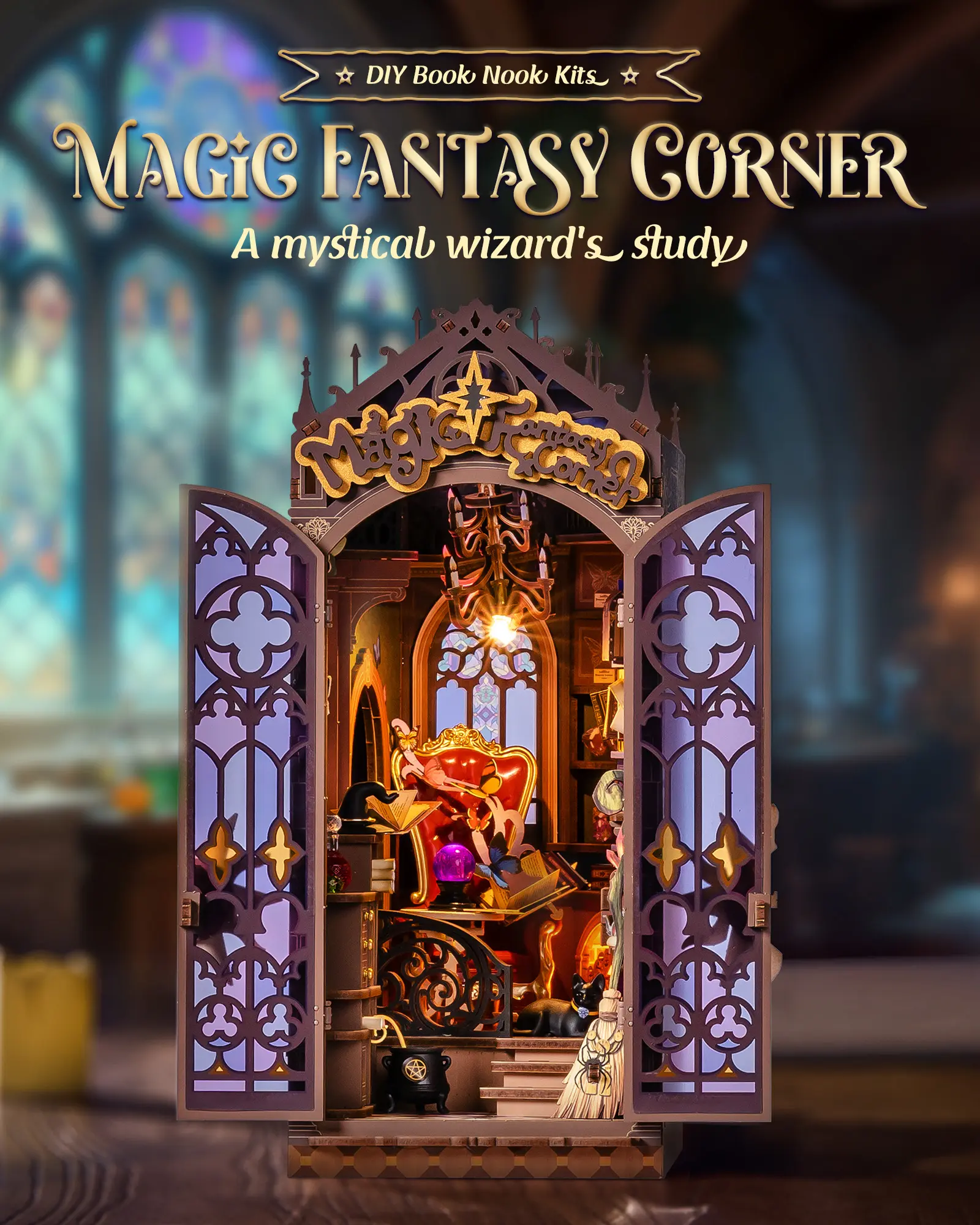 Rolife Magic Fantasy Corner Book Nook Craft Kit - DIY Wooden 3D Puzzle, Wizard-Themed Crystal Enchantment Collectibles, Adult Wood Projects for Bookshelf House Decoration Insert
