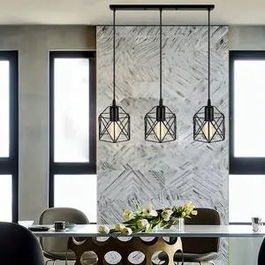 Vintage Industrial Style Three-Arm Iron Geometric Cutout Pendant Light, Ceiling Lighting, Indoor Lighting, Modern Frame, Suitable for Dining Room, Home Decor, Office