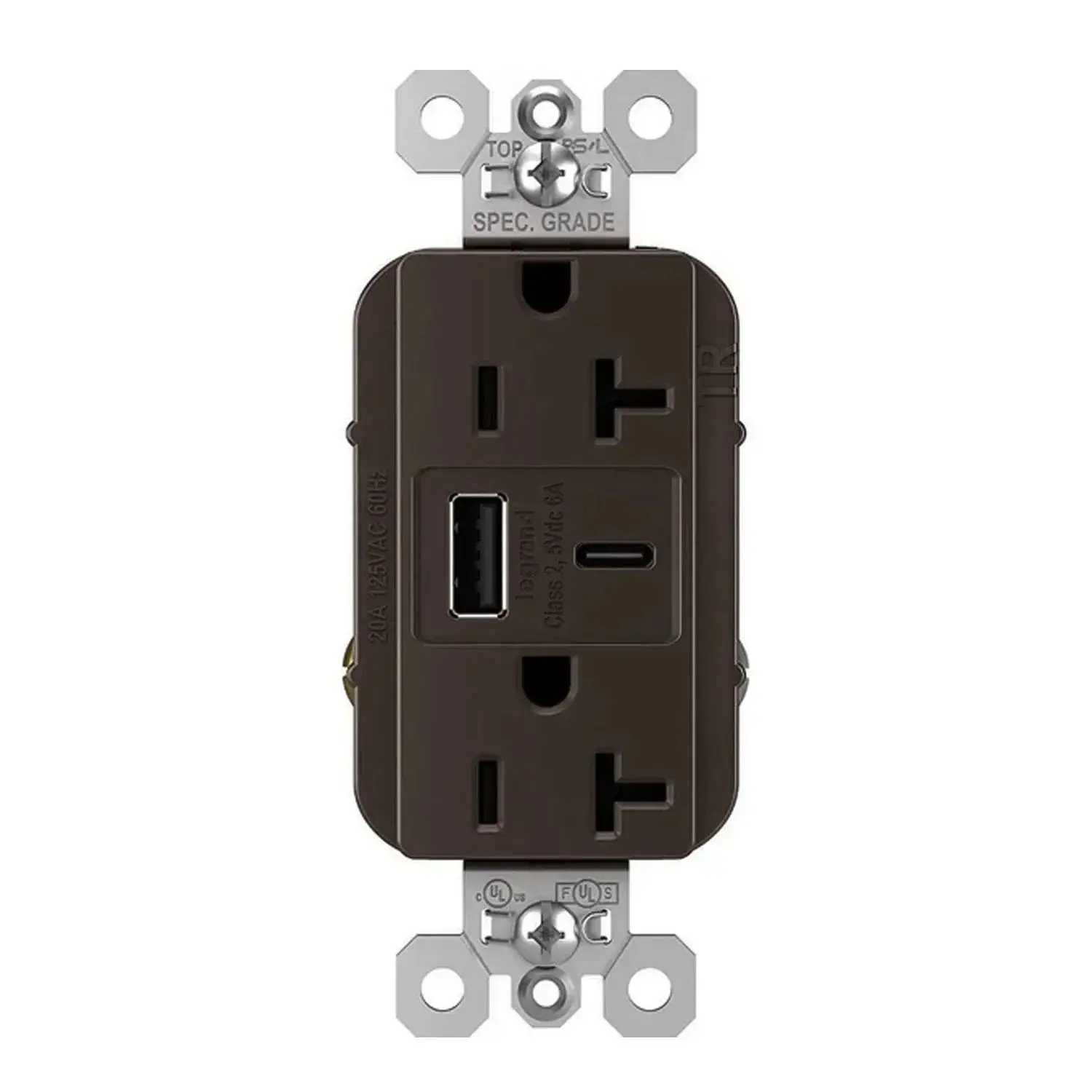 Pass & Seymour TR20USBAC6DB 20A Tamper-Resistant Duplex Outlet with USB A/C, Brown