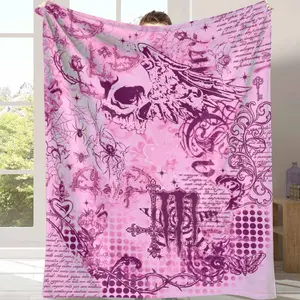 Gothic Skull and Rose Flannel Blanket Vintage Pink Tattoo Print Design Soft Warm Lightweight Plush Throw Ideal for Bedroom Decor Sofa Lounging Halloween Party Rock Music Gift Artistic Home Collection Use