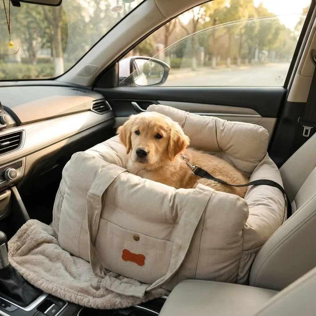 Plain Dog Car Booster Seat for Small-Medium Dogs (Up to 30 lbs/13.6 kg) - Removable Travel Bed, Washable Fabric, Storage Pocket, Safety Belt, Easy Cleaning for Secure Transport