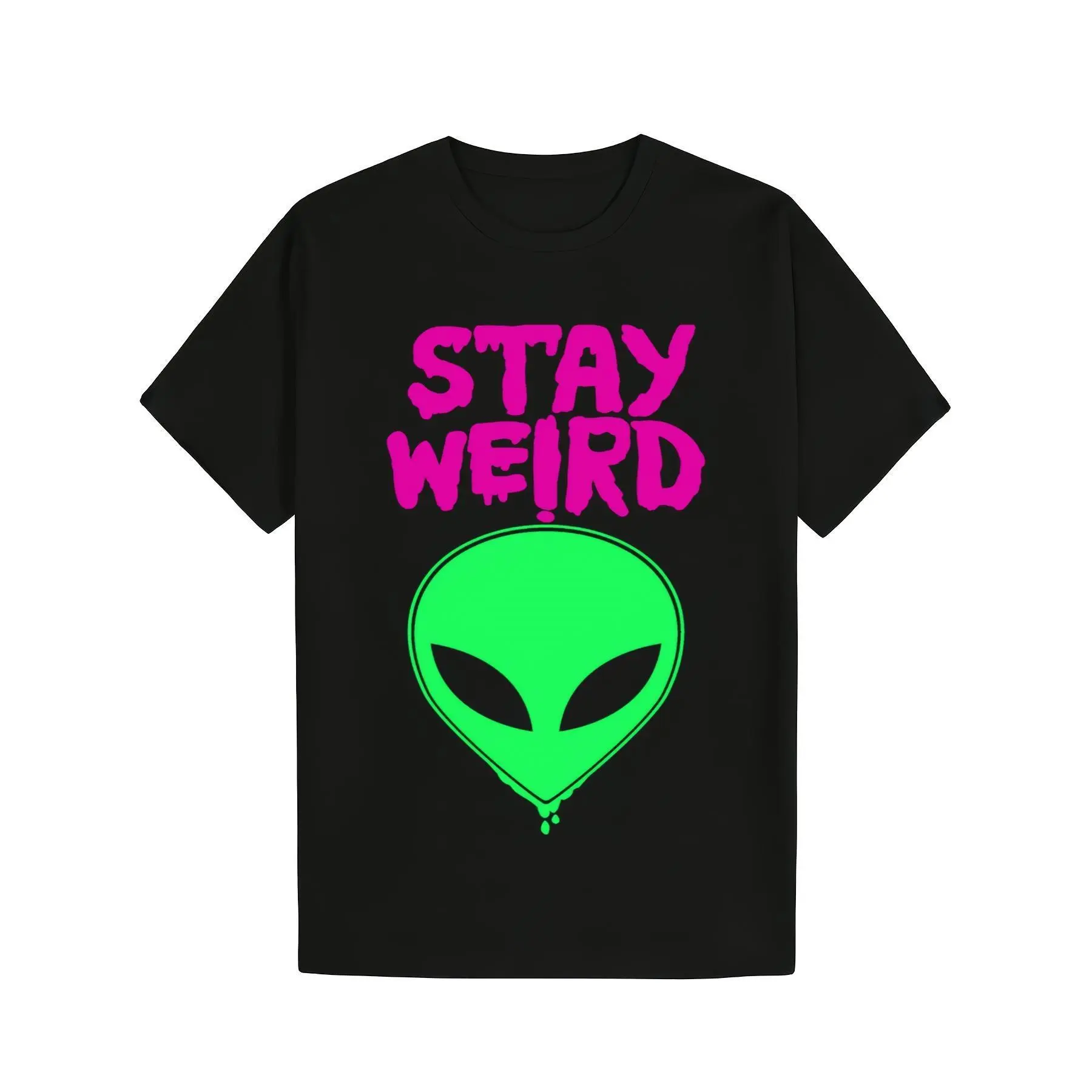 Men's Alien Print Cartoon Graphic T-Shirt - Black with Neon Green & Pink Print, Soft Tee, Regular Fit Short-Sleeve, Round Neck, Machine Washable, Unisex All Seasons Casual Top, Unique Funny Adult Gift