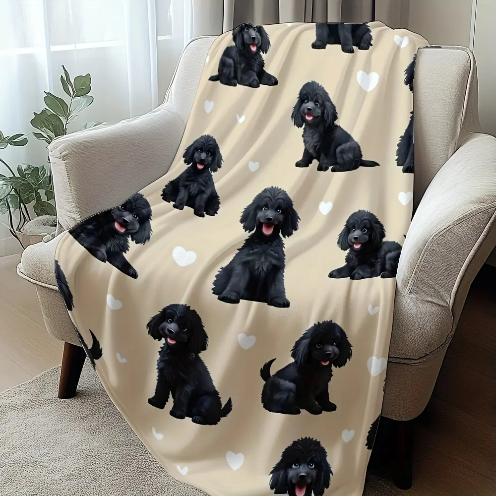 1pc Ultra-Soft Flannel Blanket Shawl - 280GSM, Black Poodle Hearts Animal Print, Cozy Setup, Skin-Friendly Durable Fade-Resistant Wrinkle-Resistant Fabric, All Seasons Travel & Lounge Throw for Sofa