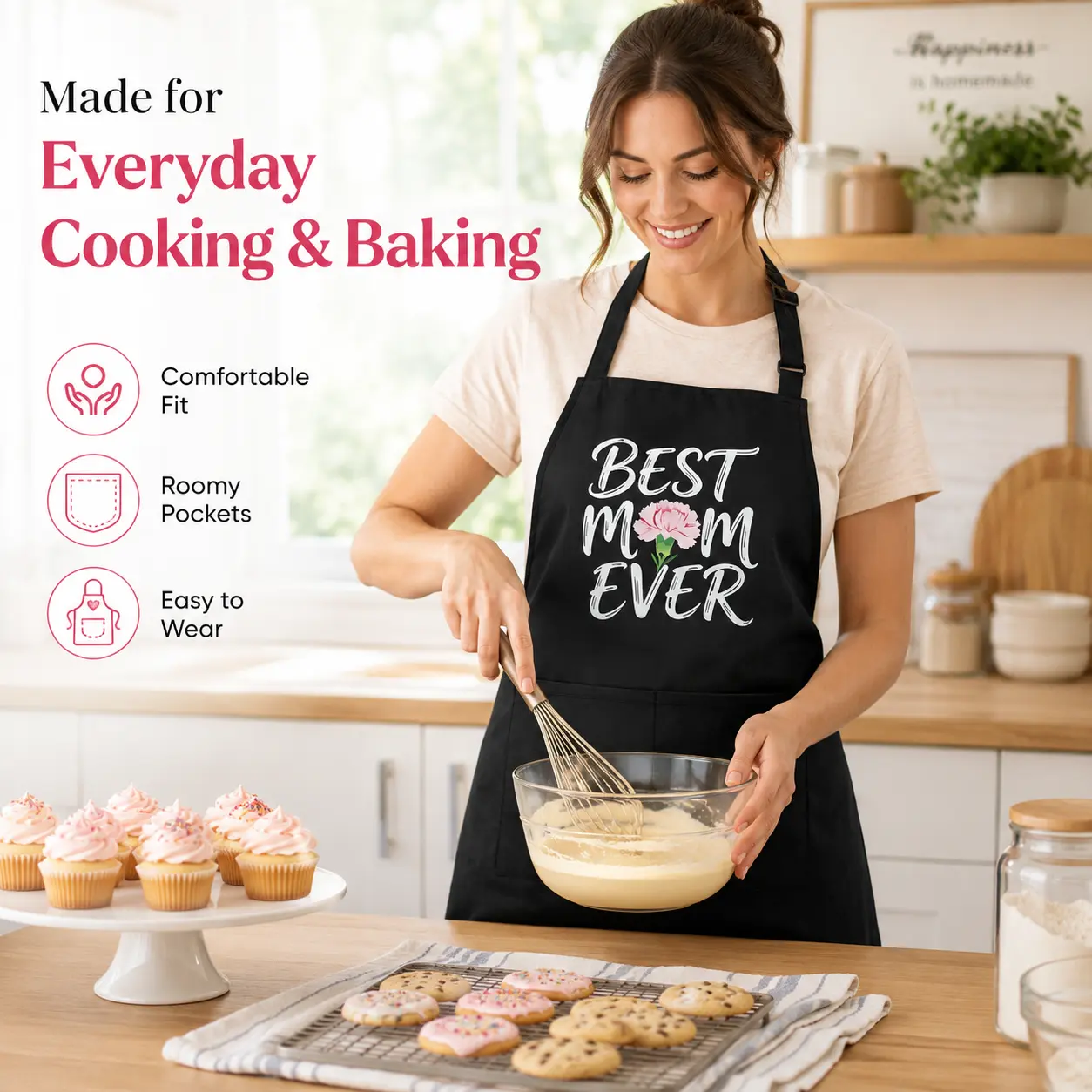 Best Mom Ever Kitchen Apron with Adjustable Neck Strap and 2 Pockets, Water-Resistant Polyester Cooking Apron for Baking, Gardening and Mother’s Day Gifts