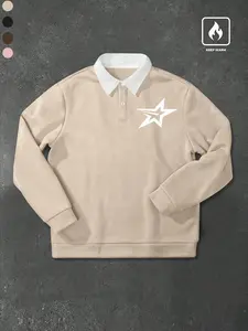 Men's Geometric Star Print Polo Collar Fitted Sweatshirt, Fashionable Comfortable Pullover for Casual Wear, Perfect Layering Top for Any Season, Casual Cozy Sweatshirt