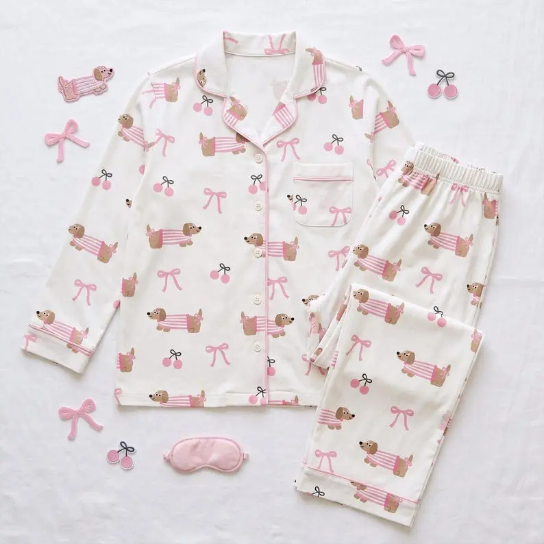 Dachshund Satin Pajama Set, Coquette Wiener Dog Silk PJs , Cute Dog Mom Sleepwear, Dog Lover Gift for Her