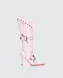 Talyah Pink Burnished Knee High Biker Boots