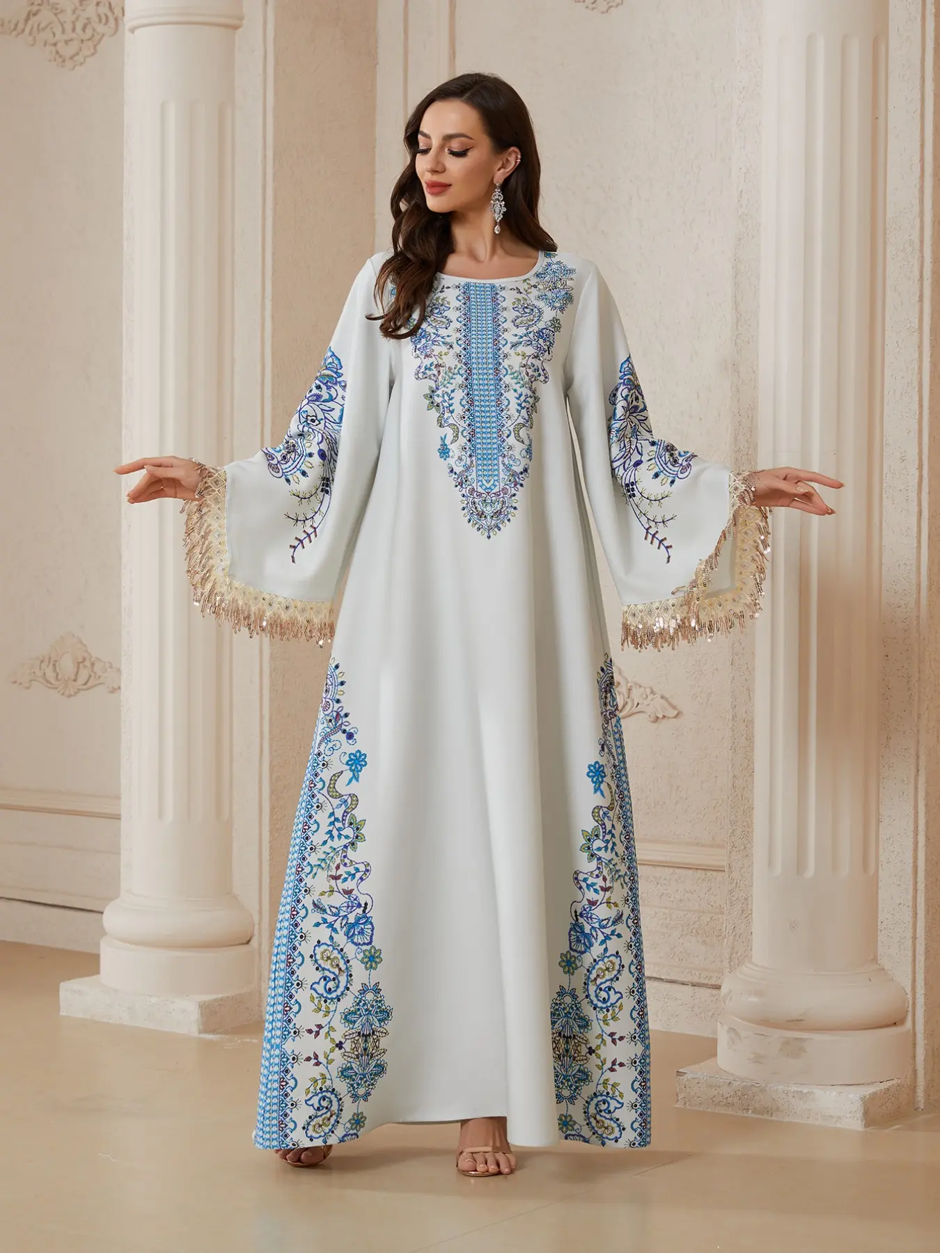 Blue Embroidered Fringe Long Robe, Embroidery Abaya, Modest Islamic Abaya, Ethnic Paisley Loose Fit Abaya, Loose Abayas, Boho Style, Long Sleeve, All Seasons, Dubai Fashion, Islamic Modesty Clothes