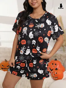 【Plus Size】Halloween Skull Ghost and Pumpkin Print Tee & Elastic Waist Shorts Pyjama Two-piece Set, Casual Comfy Round Neck Short Sleeve T-shirt & Shorts Pj Set, Women's Sleepwear for Fall