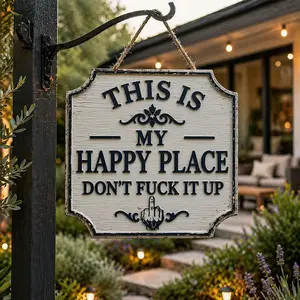 Funny Garden Wooden Sign, Farmhouse "this Is My Happy Place Don't F It," Aesthetic Room Decor, Hanging Decorative Signs for Front Door, Porch, Patio, Indoor/outdoor