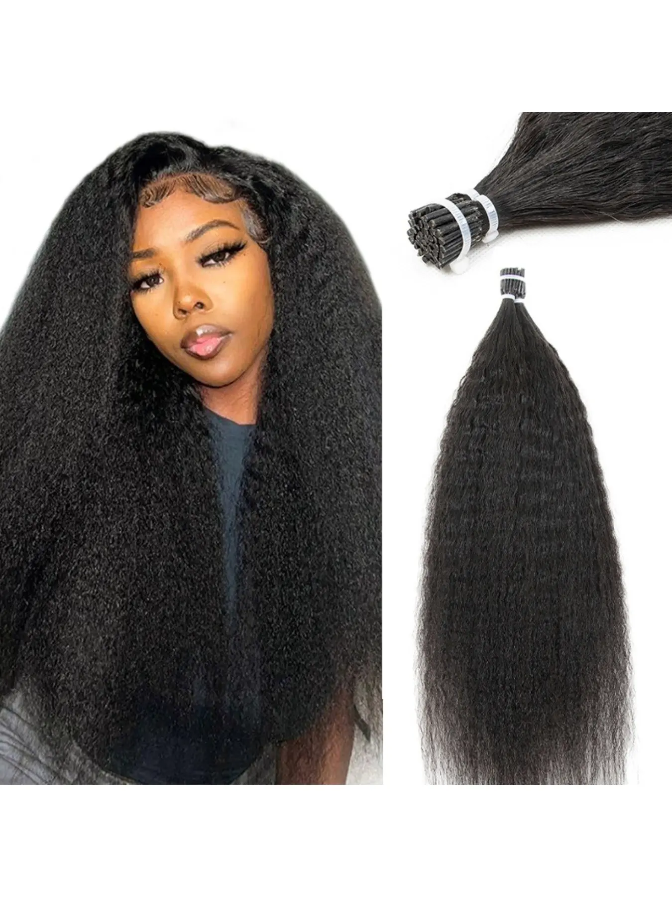 Kinky Straight Microlinks Human Hair Extensions, Real Hair Extensions, Weave Extensions, Natural, Keratin I Tip Design, Nano Ring Style, 40-50g Set, Enhance Length & Volume, Fusion Hair Extensions