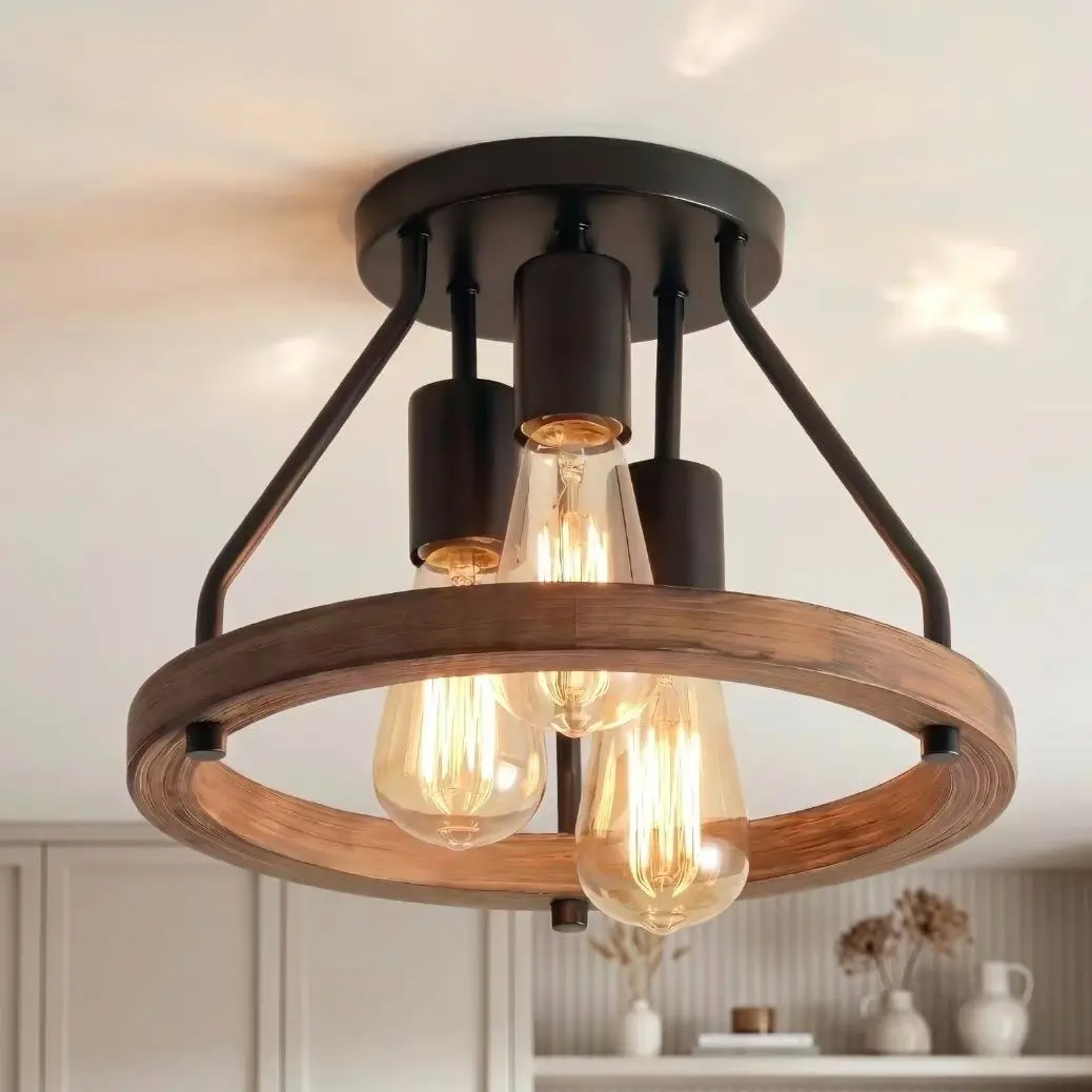 Rustic 3-Light Semi-Recessed Ceiling Fixture, Natural Wood & Black Metal Hardwired 120V E26 Warm Glow Recessed Lighting for Bedrooms, Laundry Room, Traditional-Contemporary Indoor Use (Installation Hardware Included, Dimmable Bulbs Not Included)