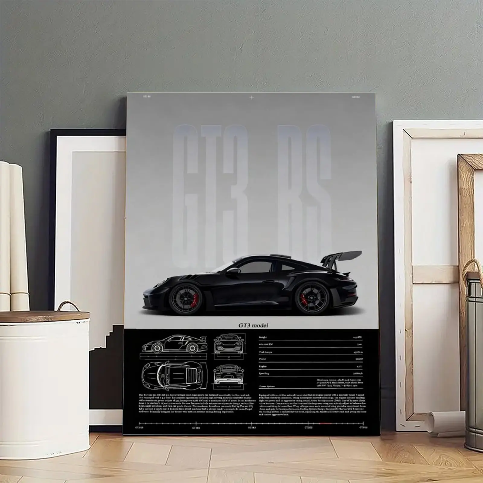 High-Performance GT3 RS Model Specification Wood Canvas Poster - Waterproof Home Decor Art, Room Decoration, Ideal Gift for Home Aesthetic Spaces
