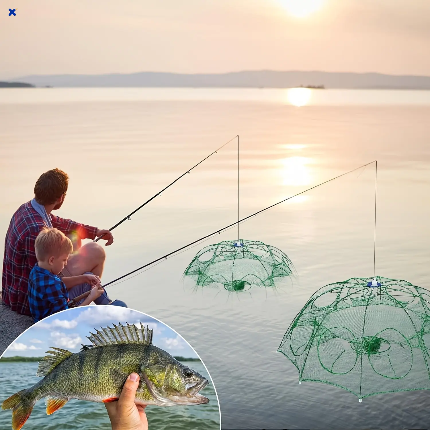 10-Hole Foldable Portable Fishing Trap Net, Sturdy Mesh Crab Shrimp Fish Cage, Suitable for Freshwater & Saltwater Fishing for Beginners and Anglers