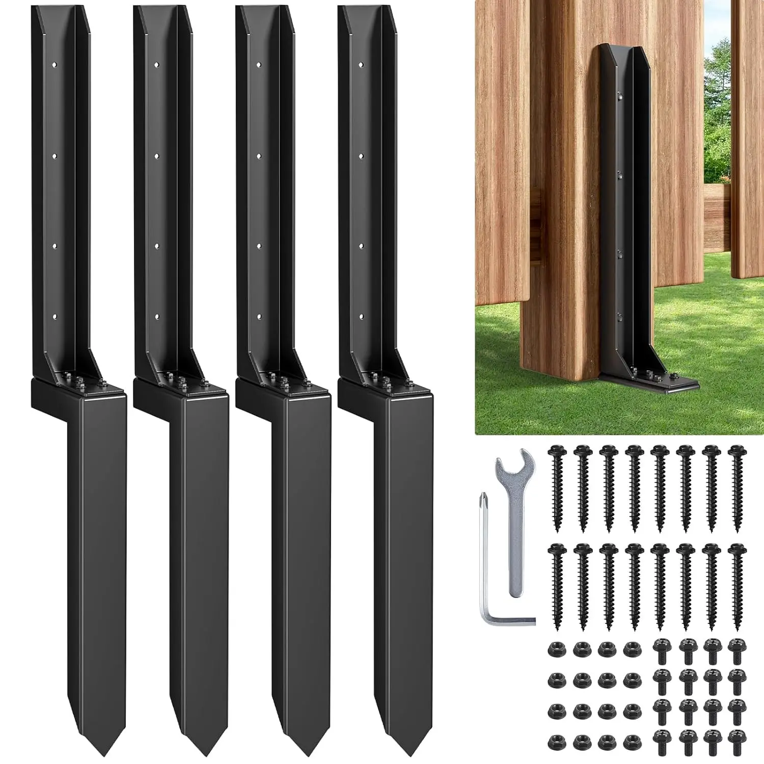 Fence Post Repair Kit, Heavy Duty Steel Fence Post Anchor Ground Spike, Quick Fix Broken/Leaning Wood Posts With, And Fixed Fence Posts(Separation 16.9+17.9", 4 Pcs)