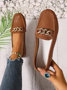 Women's Casual Loafers, All-Season Slip-On Shoes, Comfortable Walking Flats, Metal Buckle Decor, Ideal for Work & Daily Wear