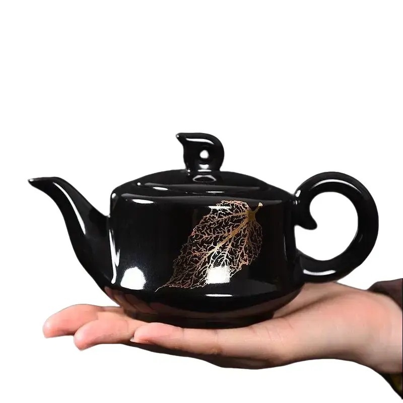 Luxury Handcrafted Jianzhan Black Ceramic Teapot with Golden Leaf Art, Decorative Teapot Tea Sets, Collectible Tea Gift for Aesthetic Enthusiasts, Compact, Handmade, Kitchen, Pound Teapot