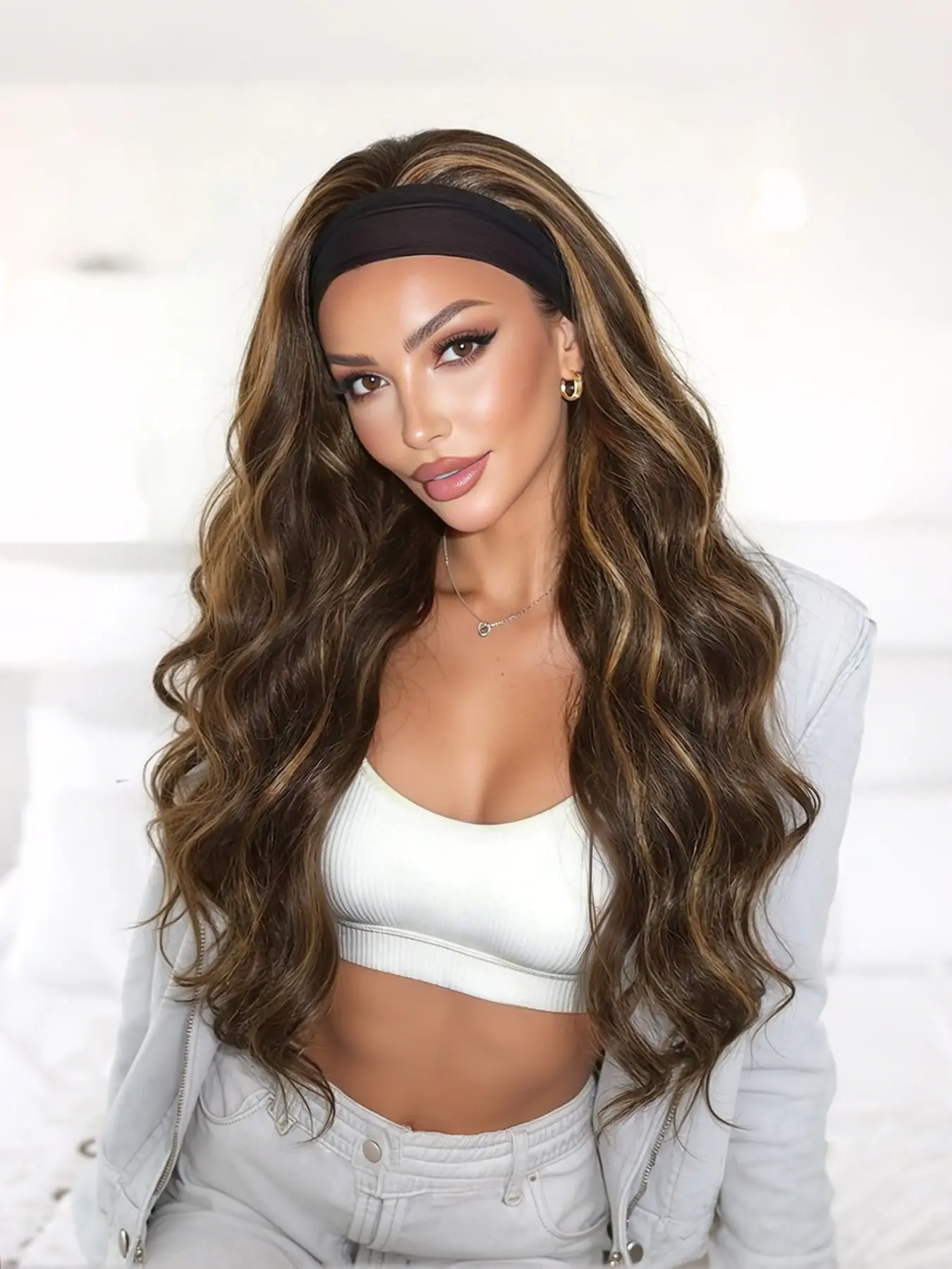 Long Body Wave Headband Wig mixed brown Highlight Blonde Color Natural Wave Headband Wig Glueless Headband Wigs Heat Resistant Synthetic Wavy Wig Synthetic Hair For Women Daily Life or Party Use No Glue Wig Synthetic Wavy Hairstyle