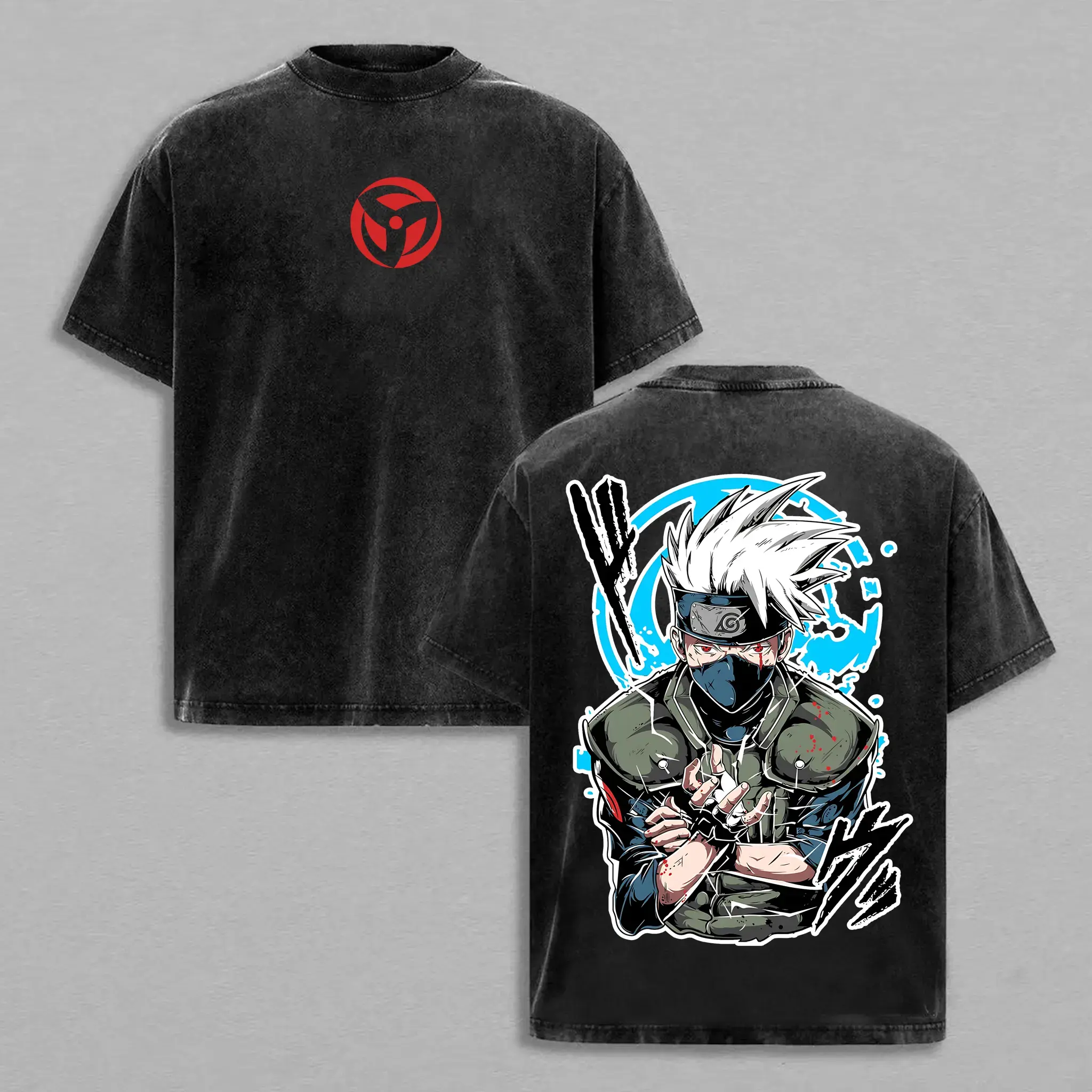 Naruto Ninja Anime T-shirt Kakashi Double Mangekyou Sharingan Graphic Tee, Vintage Oversized Unisex Streetwear, Manga Gifts for Him Her Casual Loose Basic Casual Printed