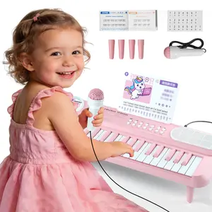 First Birthday Gifts for Girls, 37 Keys Pink Piano Keyboard for Kids, Multifunctional Electronic Musical Instrument with Microphone, Sheet Music, Music Stand, Toddler Early Educational Montessori Music Toys for Beginner