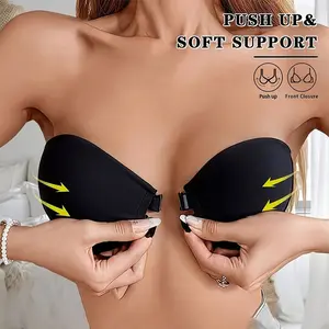 Backless Strapless Front Closure Bra, Heart Push Up Anti-Slip Bralette