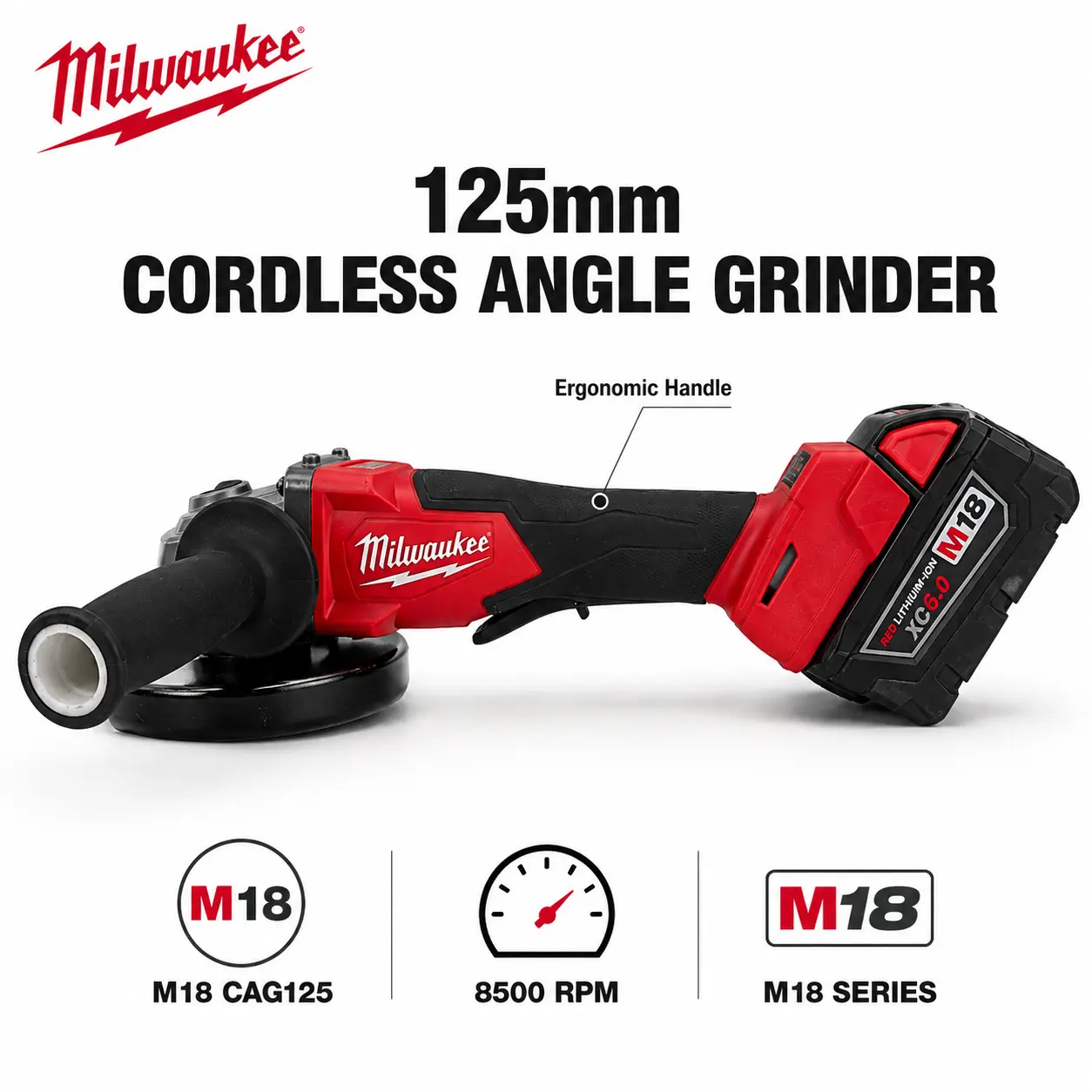 Milwaukee 5-Inch M18 XC6.0 Rechargeable Handheld Cordless Angle Grinder - Industrial Power Tools Grinders, Grinding Machine with Battery, High-Performance Brushless Motor Matrix for Structural Steelwork, Pipe Trimming