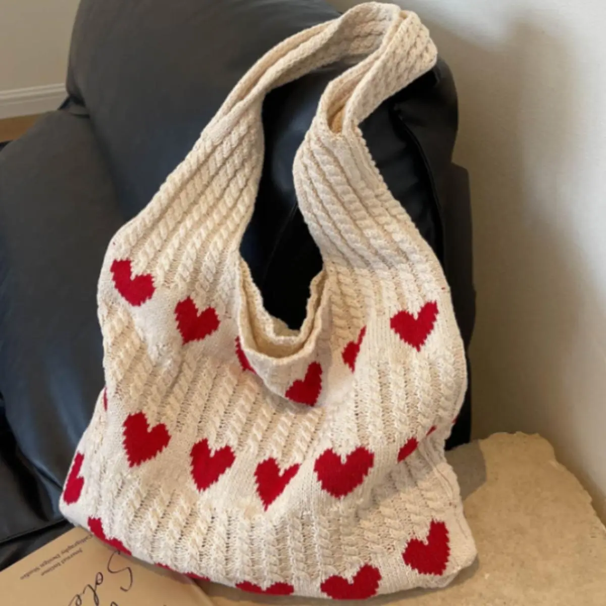 Women’s Handcrafted Crochet Knit Underarm Bag - Fashionable Casual Everyday Shoulder Bag, Large Capacity Wool Heart Tote for Daily Use, Handcrafted Bag
