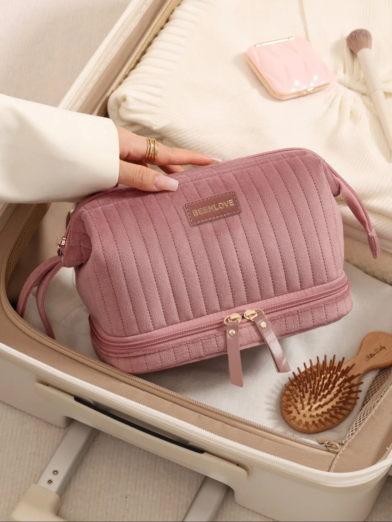 Velvet Personalized Dual-Layer Makeup Bag, Soft Stitched Multifunctional Zip Handbag, Fashion High-End Travel Cosmetic Bag, Bridesmaid Gift, Makeup Organizer Pouch, Makeup Storage Bag, Cosmetic Travel Bags, Cosmetics Bag