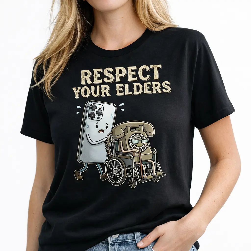Women's Short-Sleeve Respect Your Elders Tech T-Shirt - Streetwear Garment, Modern Smartphone-Retro Rotary Phone Design, Gadget Evolution Humor, Soft Cotton Graphic Tee for Techies, Everyday Wear