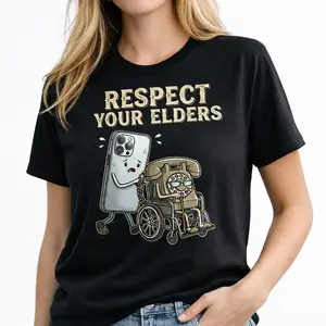 Respect Your Elders" Tech T-Shirt - Modern Smartphone & Retro Rotary Phone Design - Unique Gadget Evolution Humor Tee - Soft Cotton Graphic Shirt for Techies & Geeks Vintage Casual Bear Unisex Short Round Neck