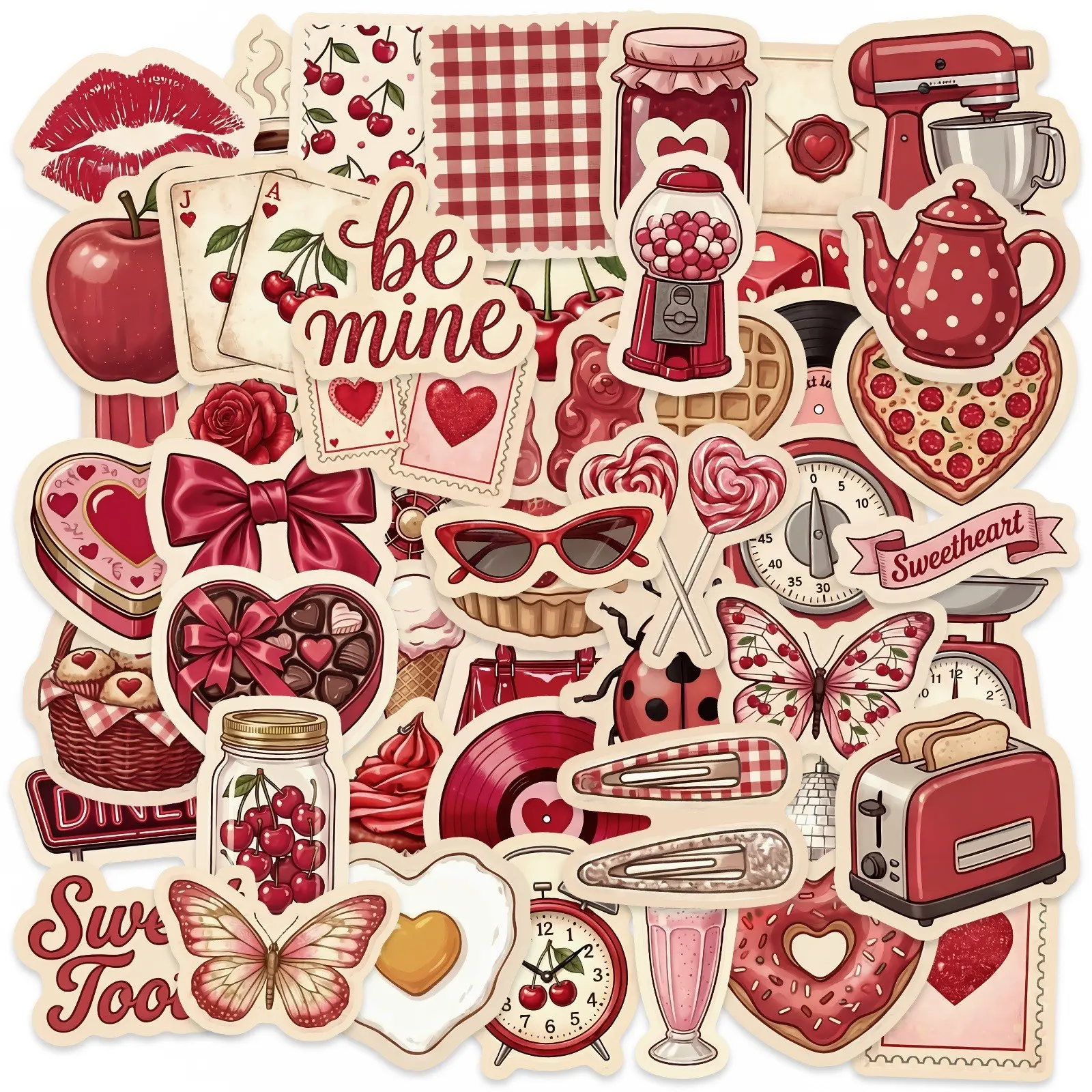 50 Pcs  Retro Aesthetic Decorative Stickers Cherry Girl Sticker for Water Bottles Funny Laptop Luggage Computer Scrapbooking Kids Teens Girls Boys Adults Waterproof Red Lover Sticker Vinyl Decals Adhesive Vinyl Decal Sticker Set (Cherry)