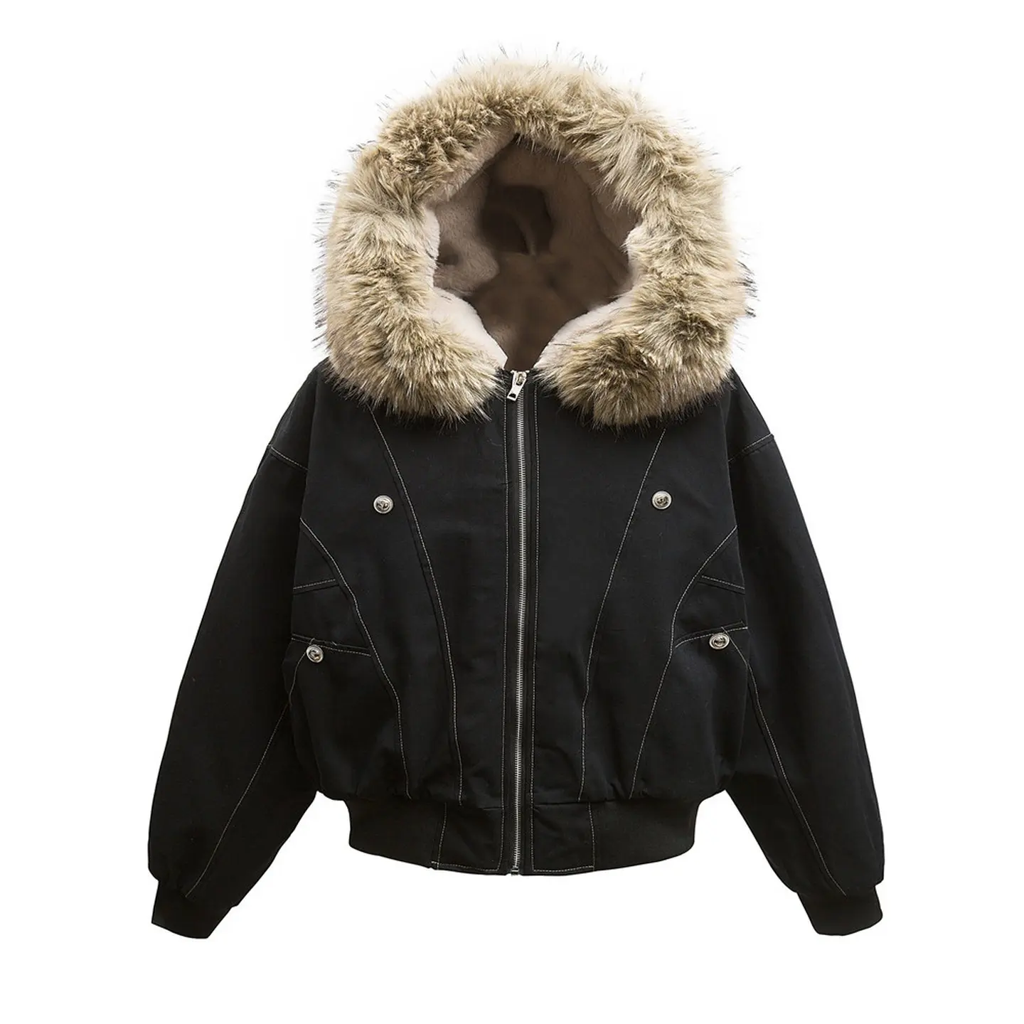 Inflation Faux Fur Trim Hood Cropped Bomber Jacket Oversized Padded Contrast Stitch Snap Button Streetwear Winter Outerwear Layering 2026 Winter