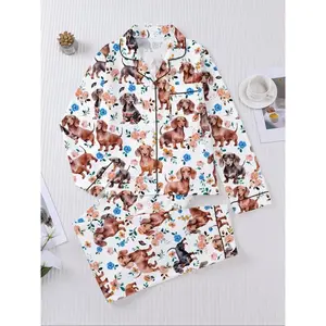 Women’s autumn–winter loungewear set with a cute dachshund print, party pajamas featuring a button-up long-sleeve top and elastic-waist pants, made from soft, stretchy fabric.