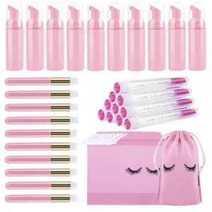 40 Pcs Lash Shampoo Bottle Brushes Set, 10 Pcs Lash Shampoo Brushes, 10 Pcs Lash Brushes Tubes, 10 Pcs Eyelash Shampoo Dispensers, 10 Pcs Lash Aftercare Bag for Clients, Women,Girls (Pink)