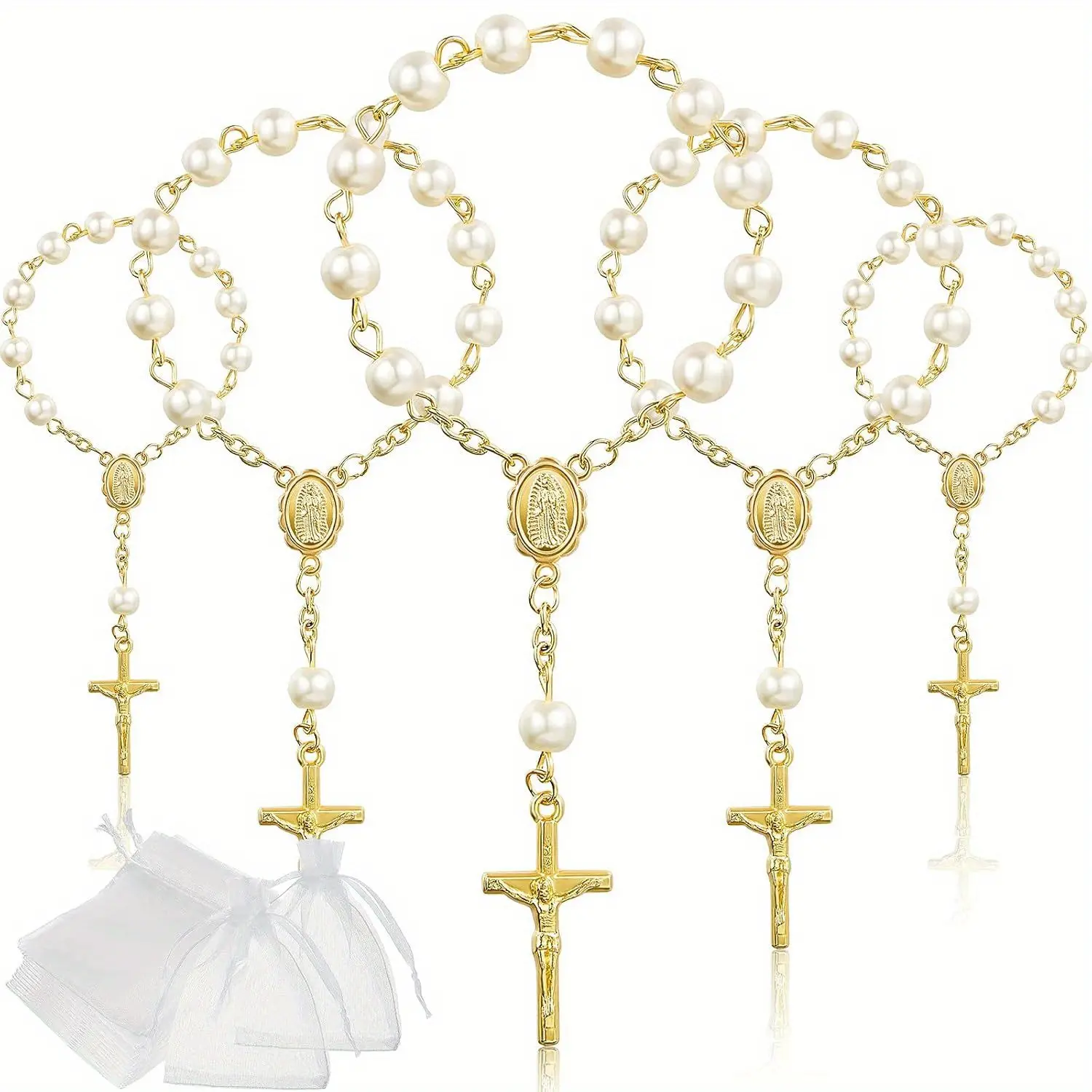 Elegant Beaded Keychain Set - 12 Sets with Golden Color Faux Pearls, 24 Pcs Beads Key Charms, Keyrings & Organza Bags, Keychain Decor for Wedding Gifts & Party Favors, Gift Keychain