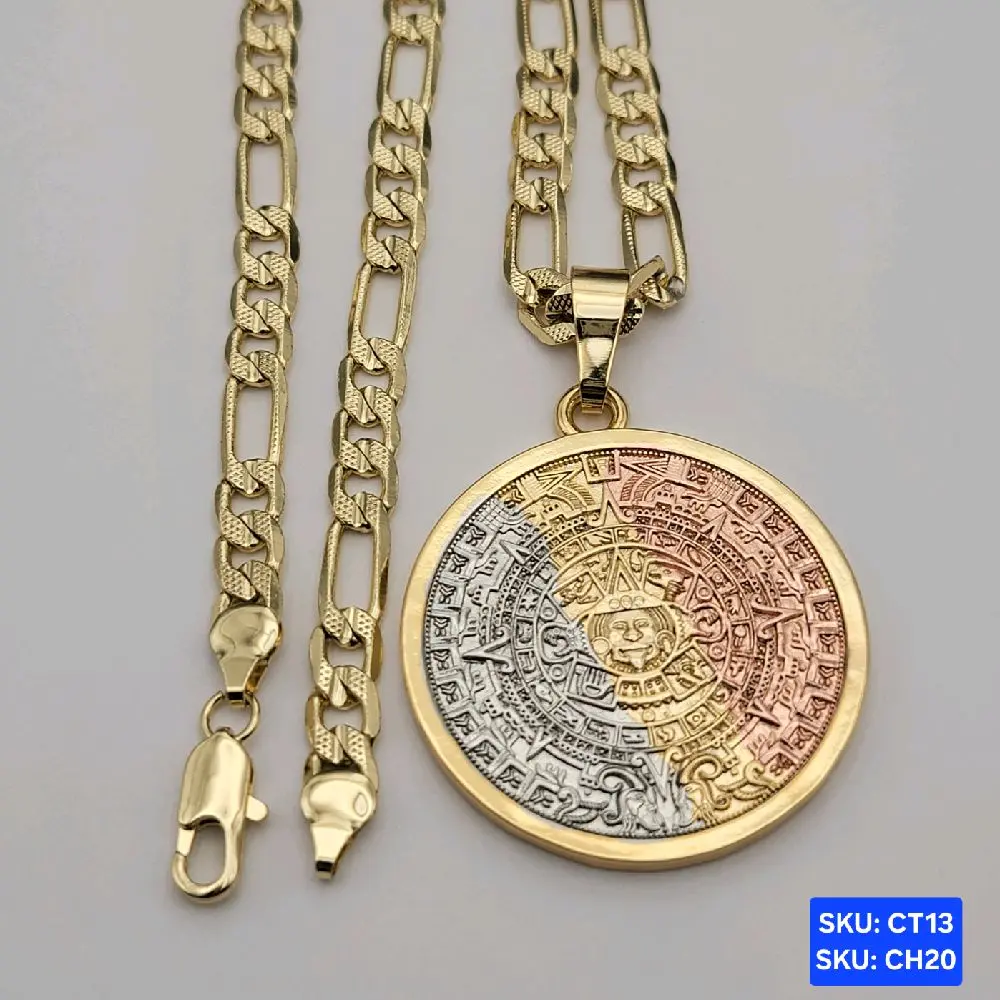 Aztec Calendar 3 Color Gold-Plated Figaro Link Necklace Chain 24 inches 6mm wide, SKU: CT13, SKU: CH20