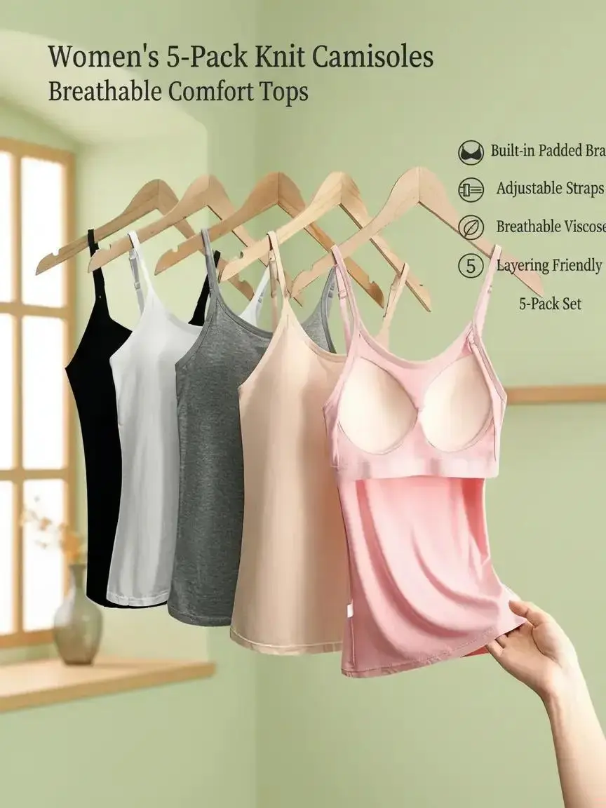 Women's 5-Pack Casual Solid Knit Camisoles - 96.1% Fiber Content Breathable Viscose Fabric Tank Tops, Built-in Padded Bra, Adjustable Spaghetti Straps for Layering | Womenswear Essential, Adjustable Strap, Adult